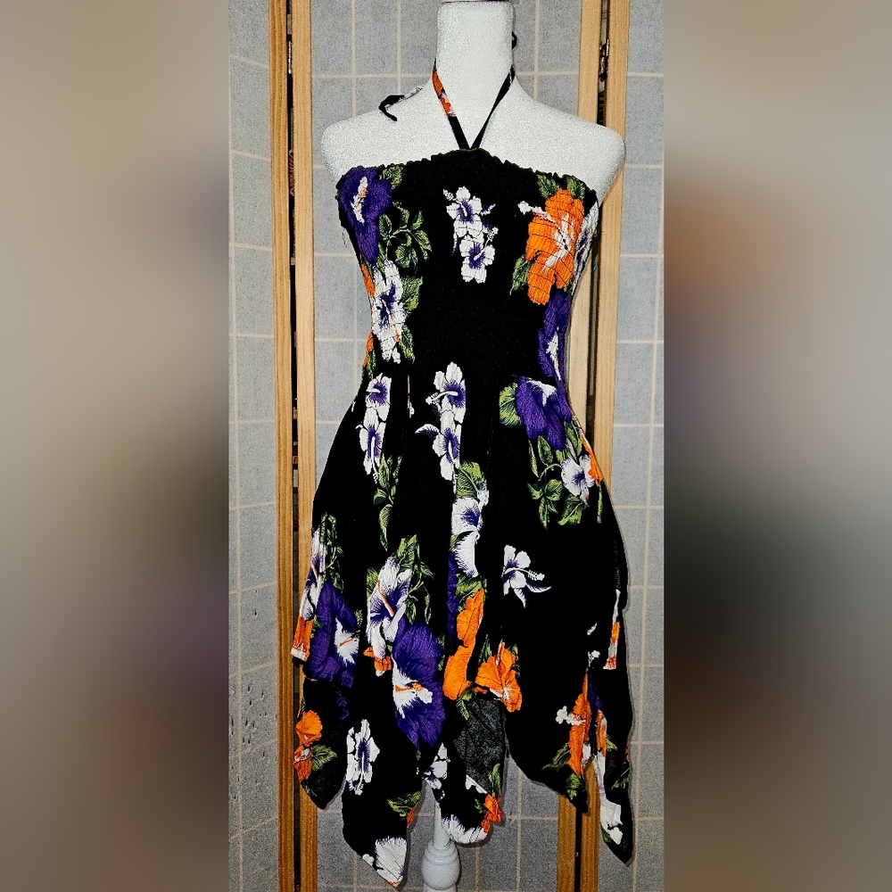 Hula Hula Hawaiian Floral Black Tropical Floral Dress Size OS